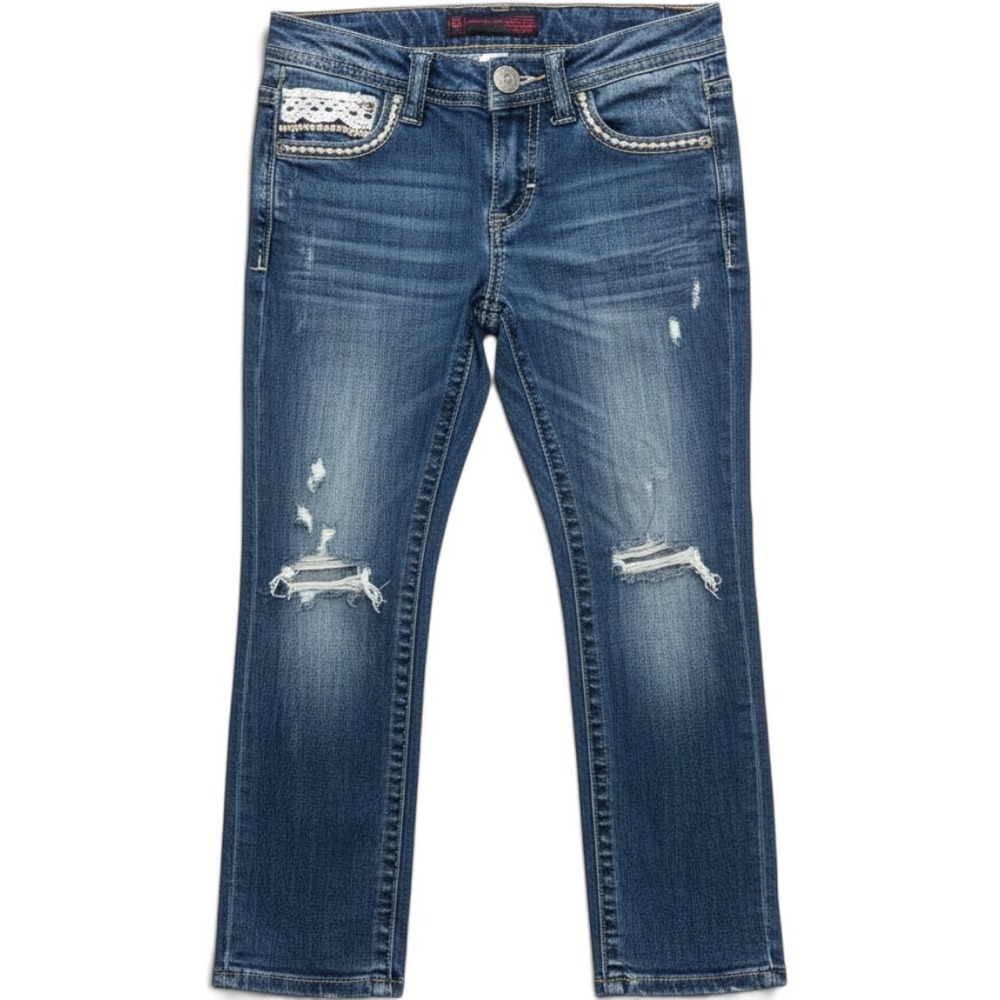 No Boundaries Womens Distressed Lace Rhinestone Skinny Jeans Blue Size 1